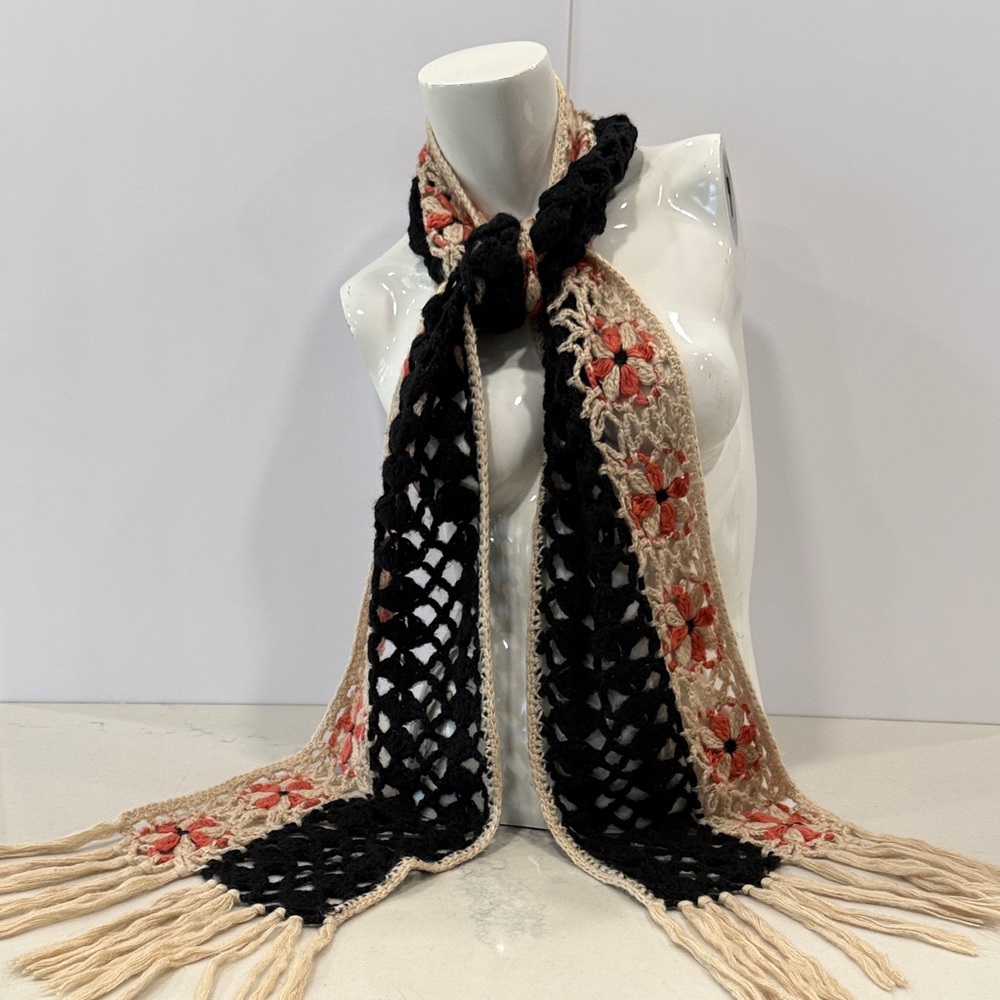 Elegant Black and Beige Crochet Scarf by Lucky Brand